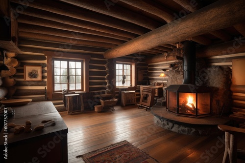 cozy cabin retreat with warm fireplace and stack of wooden logs for the perfect cozy getaway, created with generative ai