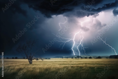 abstract and surreal landscape with stormy sky, lightning strikes, and dramatic clouds, created with generative ai