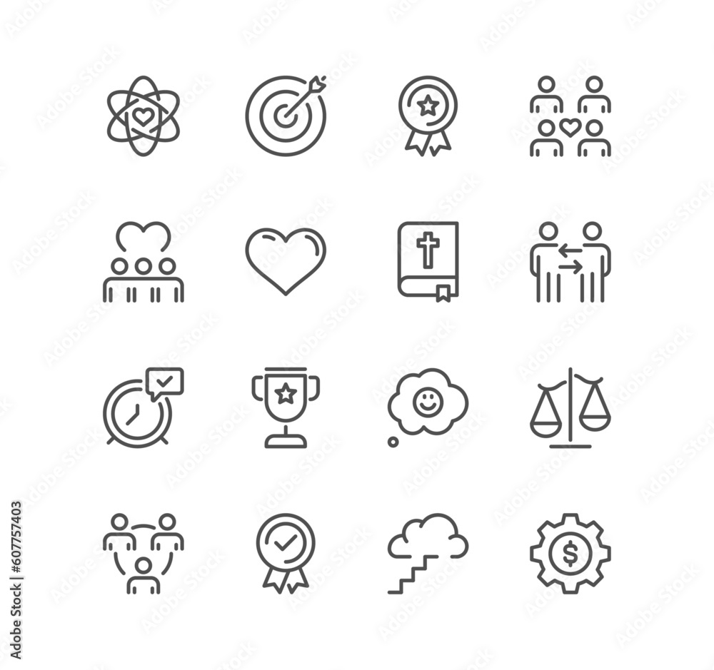 Set of core values related icons, diversity, exceptional, innovative, accountability, empathy, performance, process, progress, external business oriented values and linear variety vectors.
Set of core values related icons, diversity, exceptional, innovative, accountability, empathy, performance, process, progress, external business oriented values and linear variety vectors.