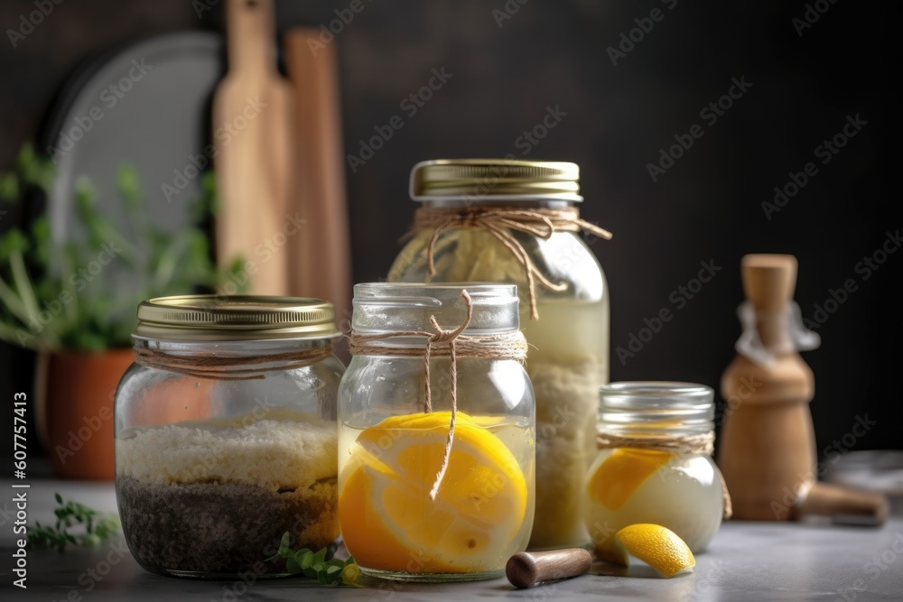 stack of homemade cleaning products in glass jar, created with generative ai stack of homemade cleaning products in glass jar, created with generative ai