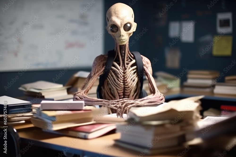 alien student, with books and notes, in classroom full of human students, created with generative ai alien student, with books and notes, in classroom full of human students, created with generative ai