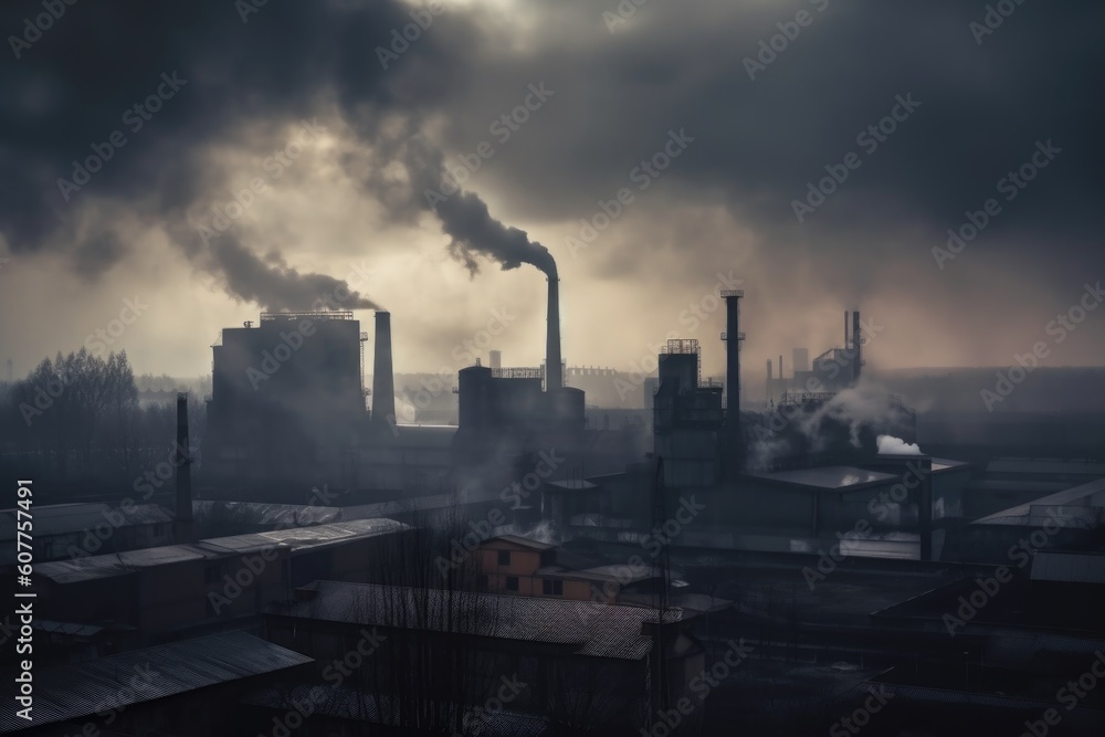 industrial factory, with smoke billowing from its chimneys and air pollution visible in the atmosphere, created with generative ai