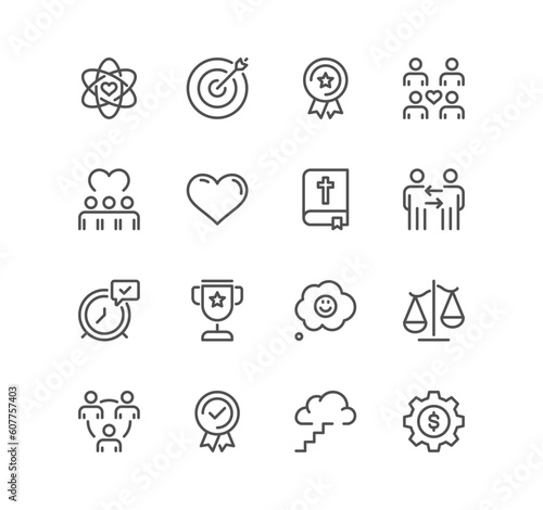 Set of core values related icons, diversity, exceptional, innovative, accountability, empathy, performance, process, progress, external business oriented values and linear variety vectors. 