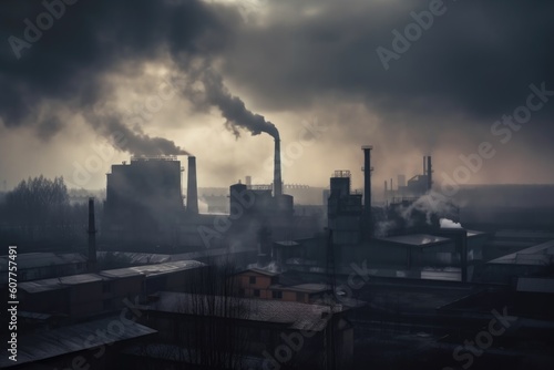 industrial factory, with smoke billowing from its chimneys and air pollution visible in the atmosphere, created with generative ai