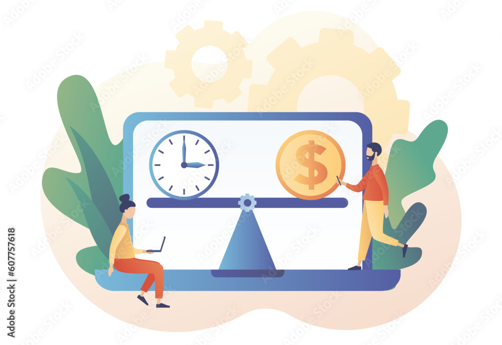 Time is money. Money and time balance on scale weighing. Business ...