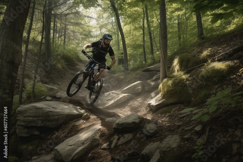 mountain biker riding down steep, rocky trail, created with generative ai © Alfazet Chronicles