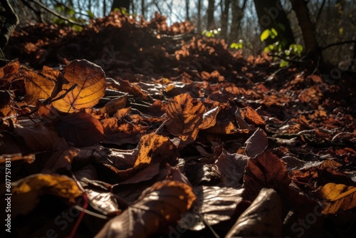 close-up of fallen leaves, with the sun shining through them, created with generative ai