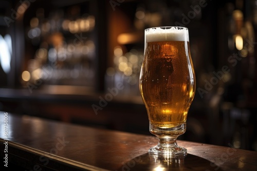 bar scene, with close-up shot of single glass of draught beer, perfect for showcasing the intricate and delicate head, created with generative ai