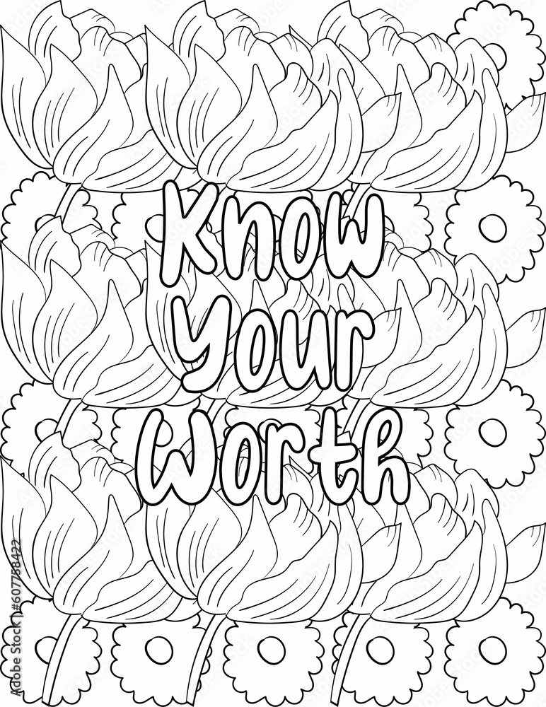Motivational words floral coloring page with a set of floral elements and inspiring words for adults and kids