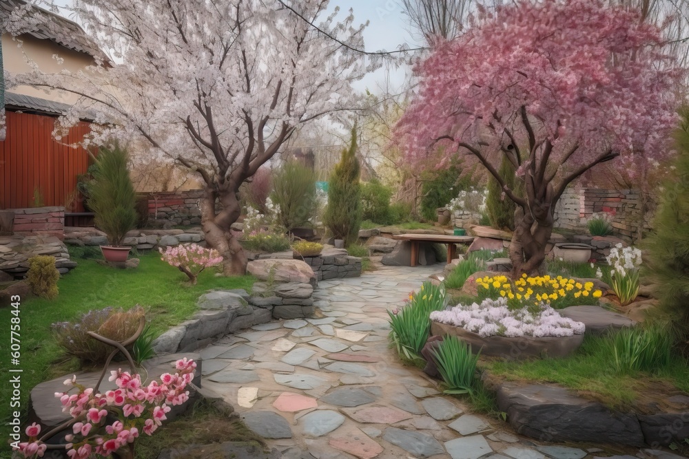 blossoming cherry tree in garden with colorful blooms and stone pathway, created with generative ai