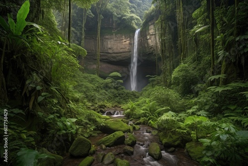 majestic waterfall cascading into jungle valley, created with generative ai