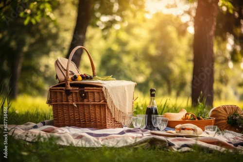 family picnic with barbecue and picnic basket in beautiful park setting, created with generative ai