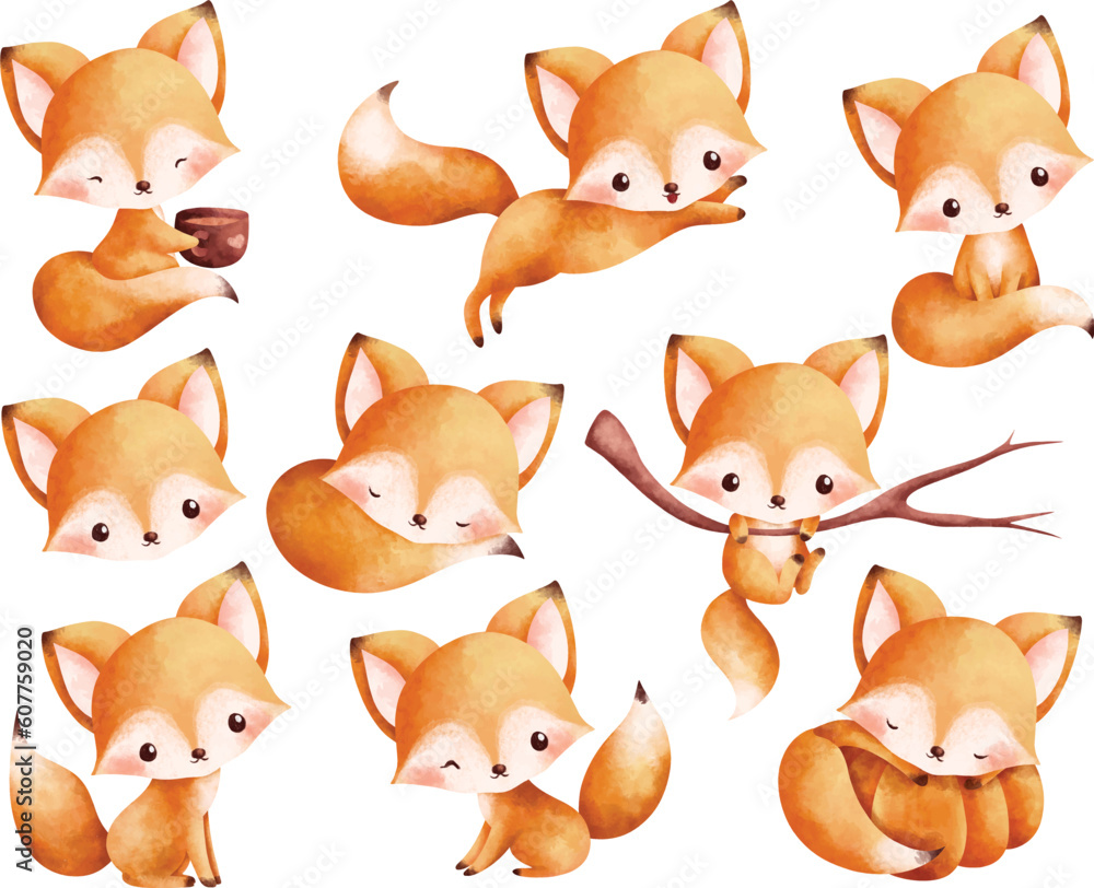 Fototapeta premium Watercolor Illustration set of cute baby fox