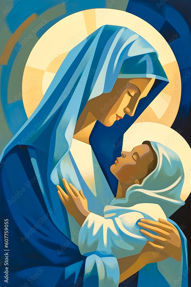 Holy Mary Holding Baby Jesus Christ In Her Arms. Graphic Representation 