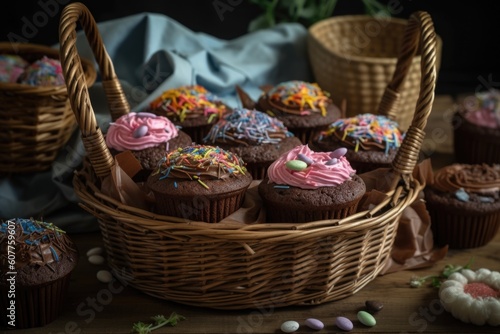 basket of chocolate cupcakes with variety of frostings and sprinkles, created with generative ai © Alfazet Chronicles