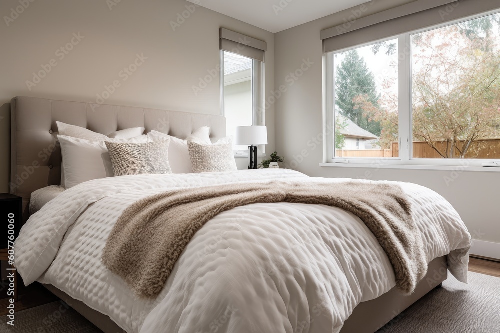 luxurious bed with plush pillows and duvet cover in crisp white, created with generative ai luxurious bed with plush pillows and duvet cover in crisp white, created with generative ai