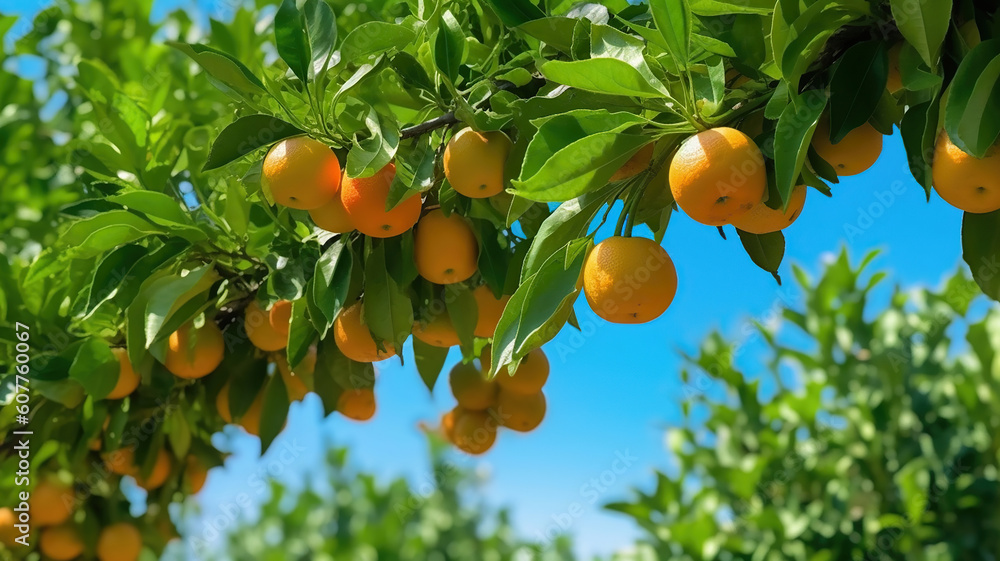 Ripe tangerines on a tree branch. Blue sky on the background. Citrus background. Generative Ai