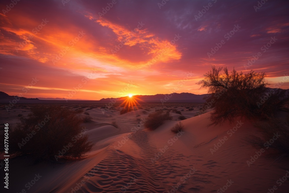 desert sunset, with golden sky and purple clouds, created with generative ai