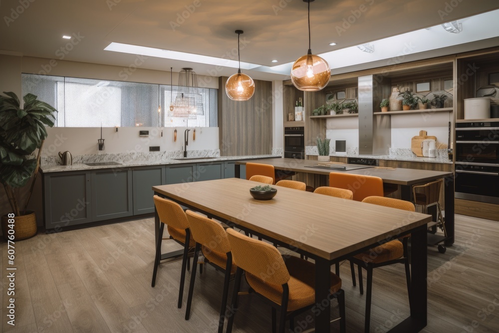 co-working space with communal kitchen and conference rooms for team meetings, created with generative ai co-working space with communal kitchen and conference rooms for team meetings, created with generative ai