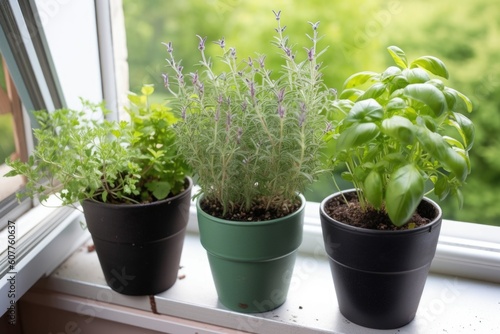 potted herb garden on patio or windowsill, created with generative ai