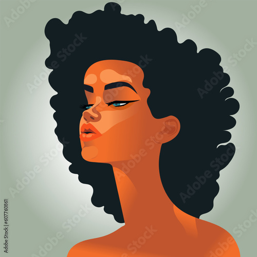 A silhouette of an african-american woman. Beautiful female profile with curly styled hair and make up. Beauty industry logo or poster. Vector
