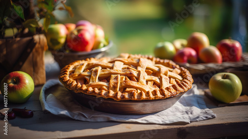 Rustic homemade apple pie on a wooden table in the sunshine in the morning. Generative Ai