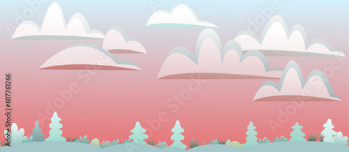 Winter landscape with snowdrifts and snow. View of white cold nature. Cartoon fun style. Flat design. Horizontally composition. Seamless illustration. Red sunset evening. Vector