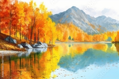 lake with autumn trees near the mountains. autumn landscape. generative ai,