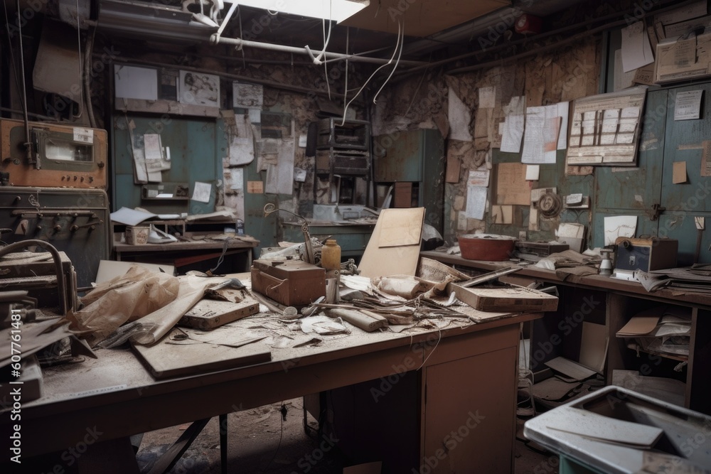 abandoned laboratory with broken equipment and scattered papers, surrounded by eerie silence, created with generative ai