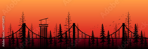 sunset with silhouette landscape flat design vector illustration good for web banner, blog banner, wallpaper, background template, adventure design, tourism poster design, backdrop design