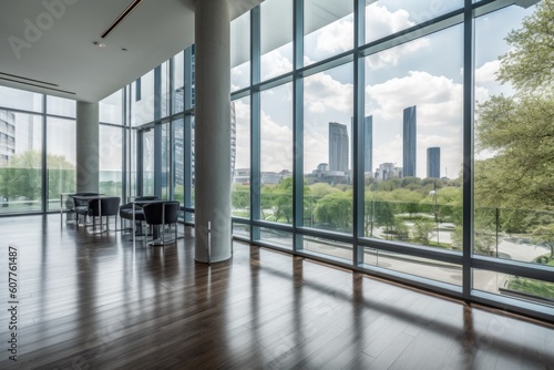 renovated office building with modern interior and exterior design  featuring floor-to-ceiling windows and sleek furnishings  created with generative ai