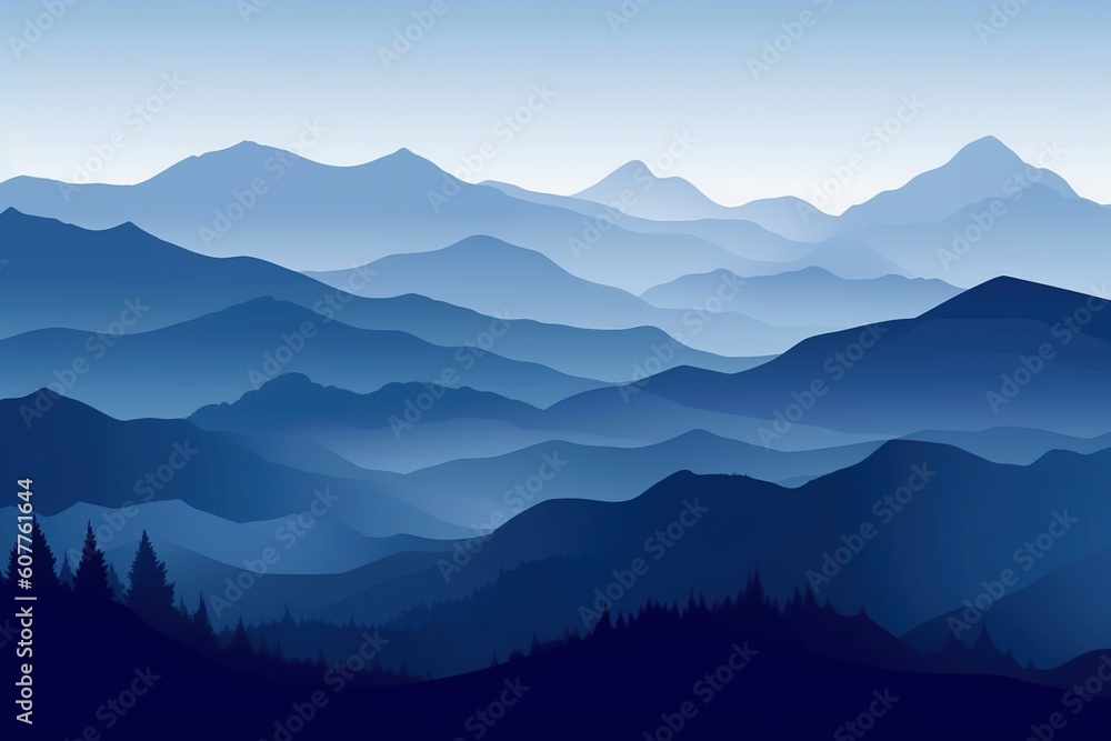 silhouette of mountains in the fog in the morning in blue shades. generative ai,