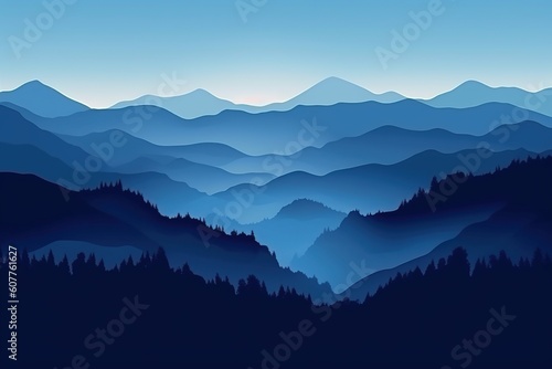 silhouette of mountains in the fog in the morning in blue shades. generative ai 
