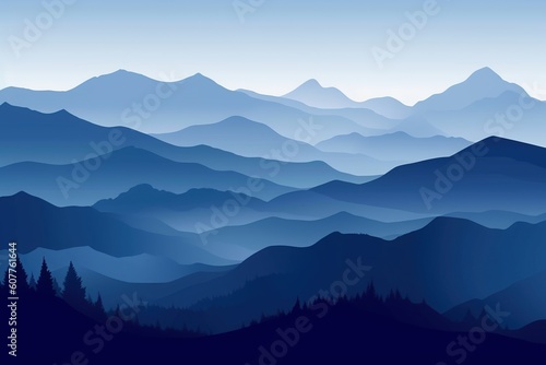 silhouette of mountains in the fog in the morning in blue shades. generative ai,