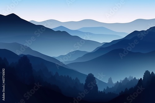 silhouette of mountains in the fog in the morning in blue shades. generative ai,
