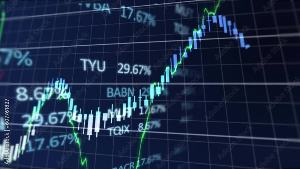 Animation of financial and stock market data processing over grid network against blue background Animation of financial and stock market data processing over grid network against blue background