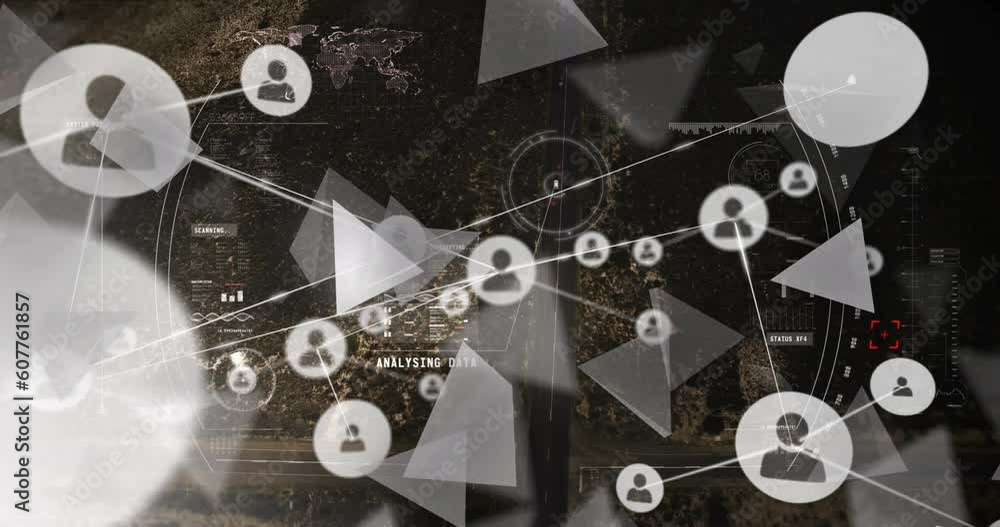 Animation of network of profile icons and triangular shapes against scope scanning over cityscape Animation of network of profile icons and triangular shapes against scope scanning over cityscape
