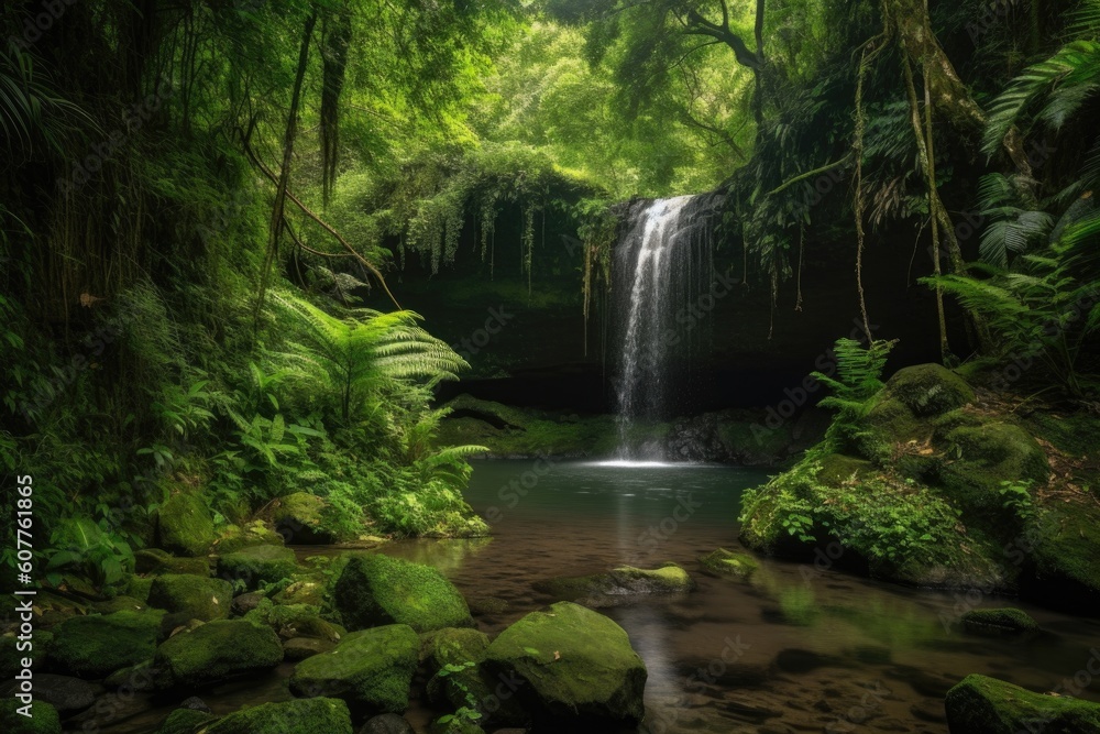 majestic waterfall surrounded by lush greenery and natural beauty, created with generative ai majestic waterfall surrounded by lush greenery and natural beauty, created with generative ai