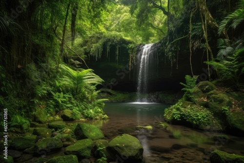 majestic waterfall surrounded by lush greenery and natural beauty  created with generative ai