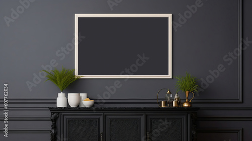 Mockup frame on cabinet in living room interior on empty dark wall background. Generative Ai