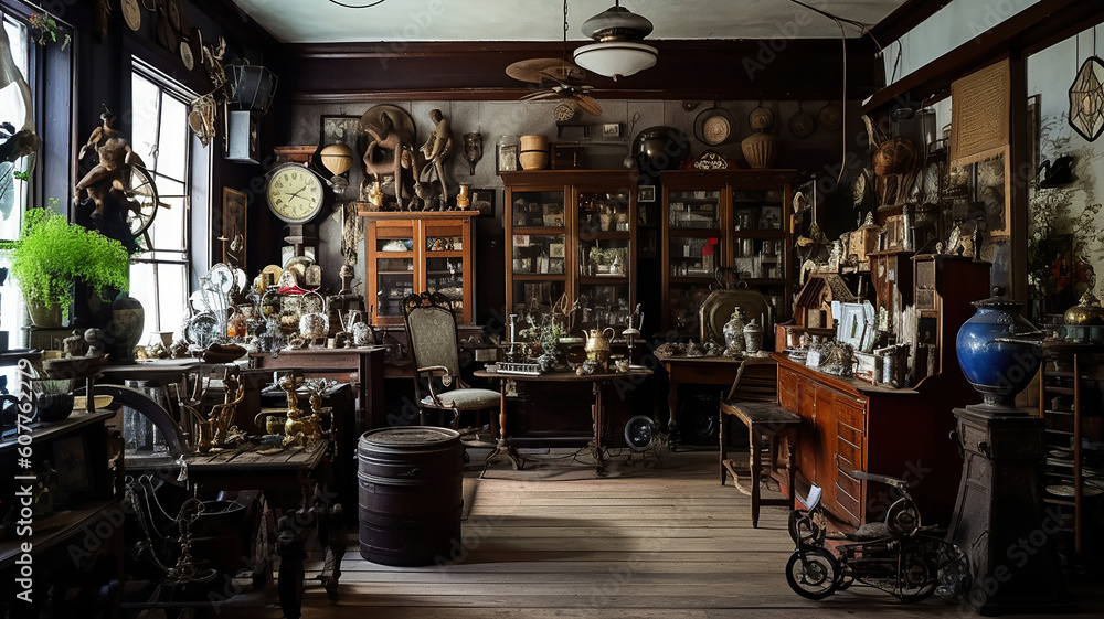 Interior of an antique store with old vintage classical objects and furniture. Generative Ai - obrazy, fototapety, plakaty 
