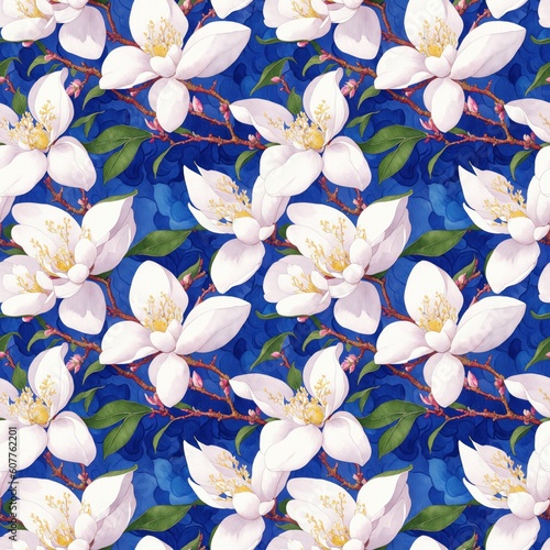 Seamless floral pattern with magnolia flowers, tileable, Generative AI