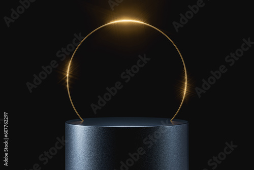 Foto 3d presentation background with pedestal or dais in the dark room with golden frame
