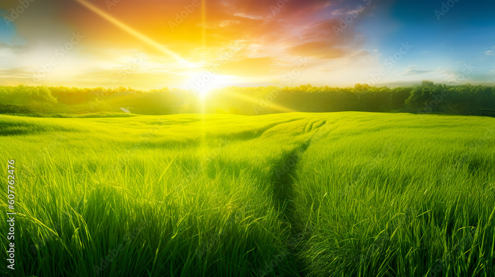 草原と夕日の風景　Generative AI