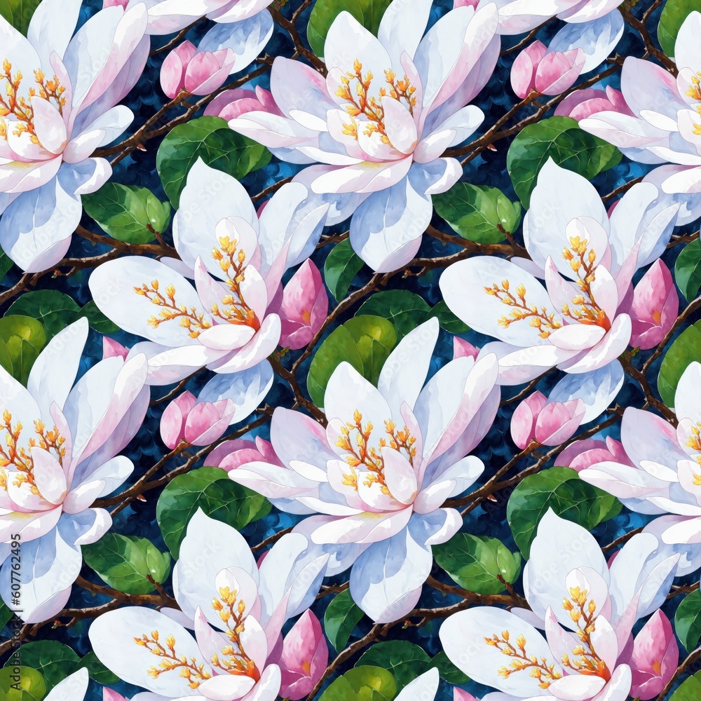 Seamless floral pattern with magnolia flowers, tileable, Generative AI Seamless floral pattern with magnolia flowers, tileable, Generative AI