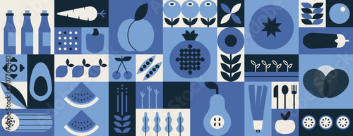 Geometric mosaic food banner. Natural fruit vegetable pattern, simple minimal restaurant menu design. Vector background