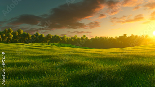 草原と夕日の風景 Generative AI