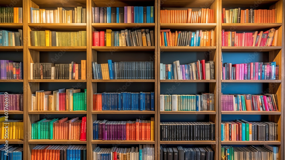 Rows of different colorful books lying on the shelves in the modern urban bookshop. Generative Ai Rows of different colorful books lying on the shelves in the modern urban bookshop. Generative Ai