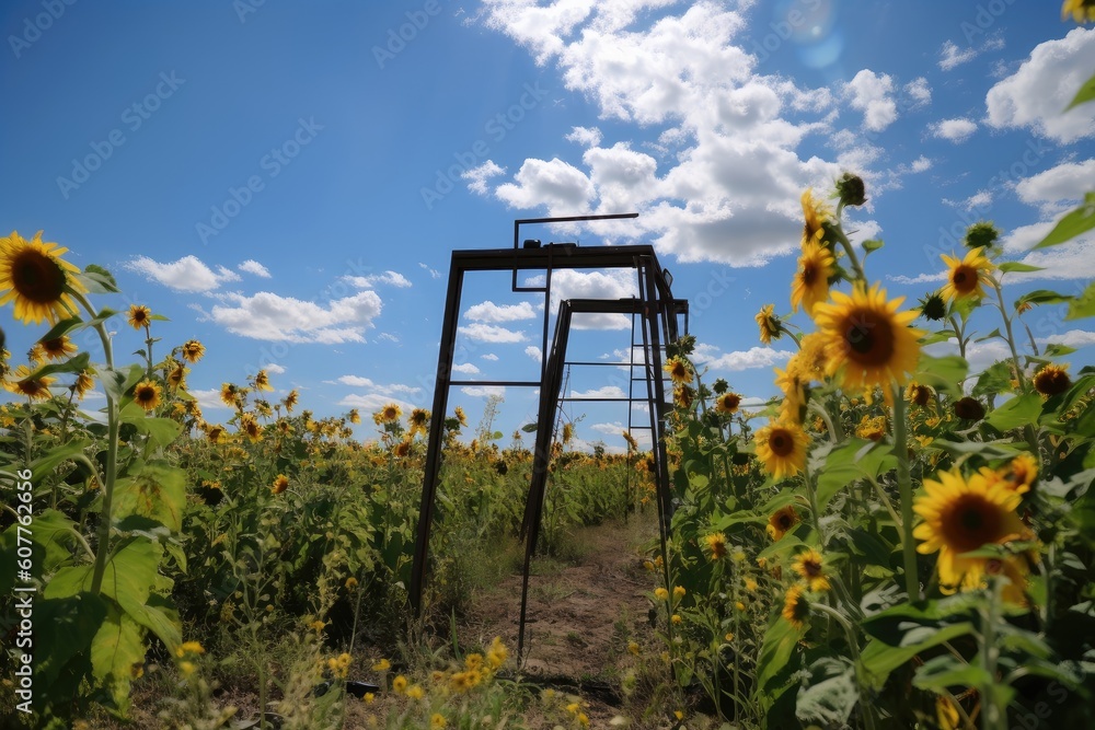 metal detector frame surrounded by sunflowers and blue sky, created with generative ai metal detector frame surrounded by sunflowers and blue sky, created with generative ai