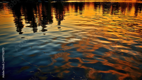 Reflections of sunset in surface lake water. Generative Ai